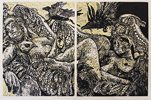 Image of Jerry B. Walters woodcut diptych, Familiars.